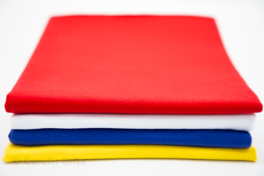 Stoff-Paket "Vierfarbbunt", 4m Jersey + 1m Bündchen + 3 Postkarten